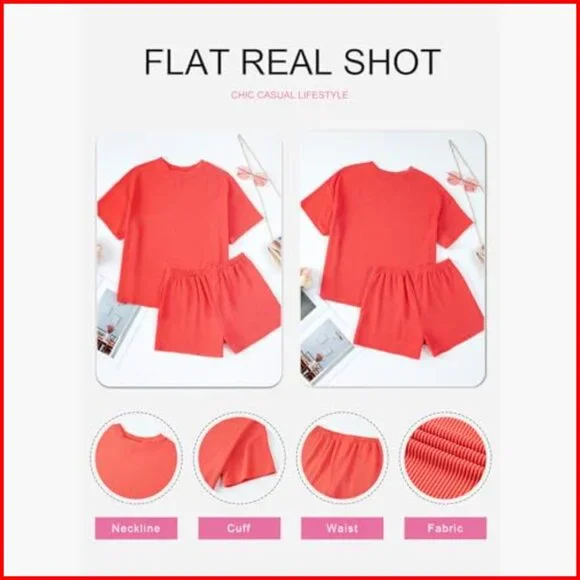Two Piece Lounge Set Short Sleeve Top High Waisted Shorts with Pockets